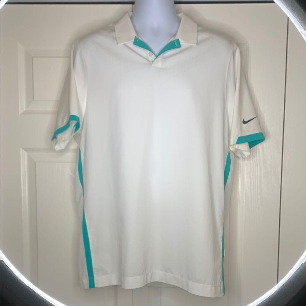 Nike GOLF TOUR PERFORMANCE, Men's White and Teal Polo Shirt, large